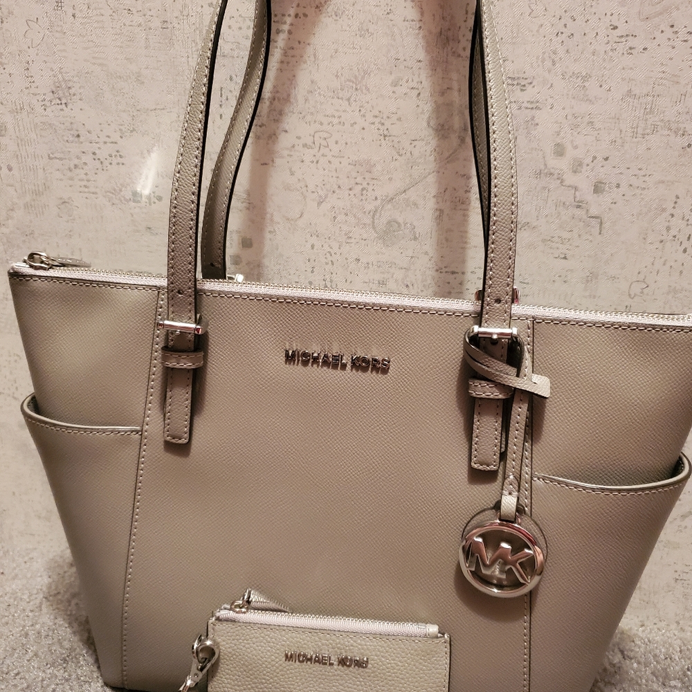 Pearl Grey Michael Kors medium tote and coin pouch wristlet